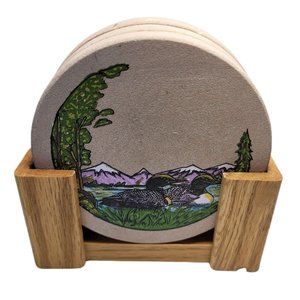 Absorbent Stone 4 Coaster Set With Oak Wood Holder Ducks and Sunflowers